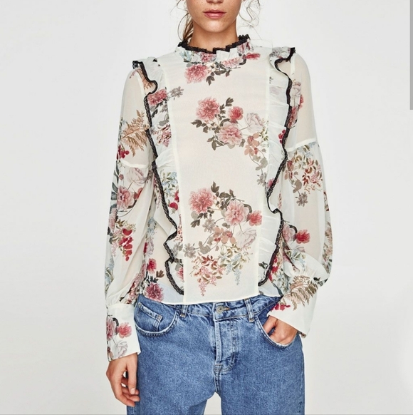 Zara Tops - Zara Victorian Floral Mock Neck Blouse Size Small